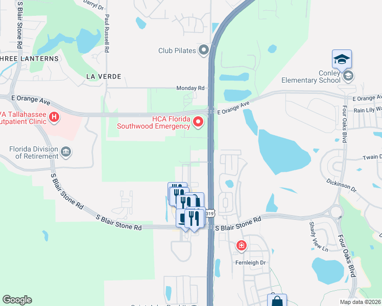 map of restaurants, bars, coffee shops, grocery stores, and more near 2364 Barcelona Court in Tallahassee