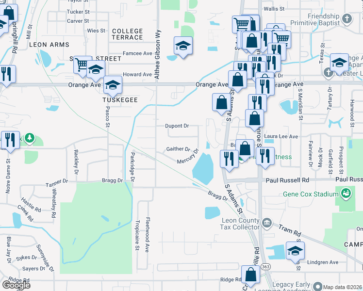 map of restaurants, bars, coffee shops, grocery stores, and more near 414 Gaither Drive in Tallahassee