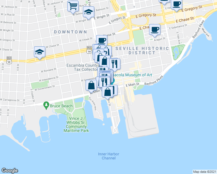map of restaurants, bars, coffee shops, grocery stores, and more near 404 South Palafox Street in Pensacola
