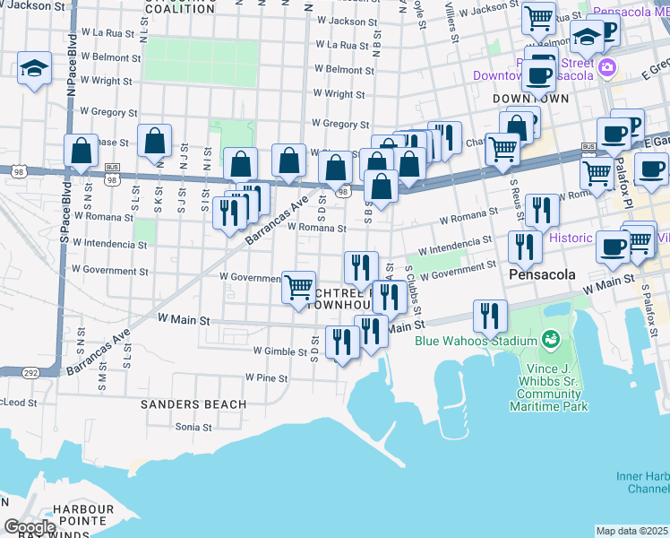 map of restaurants, bars, coffee shops, grocery stores, and more near 344 South D Street in Pensacola
