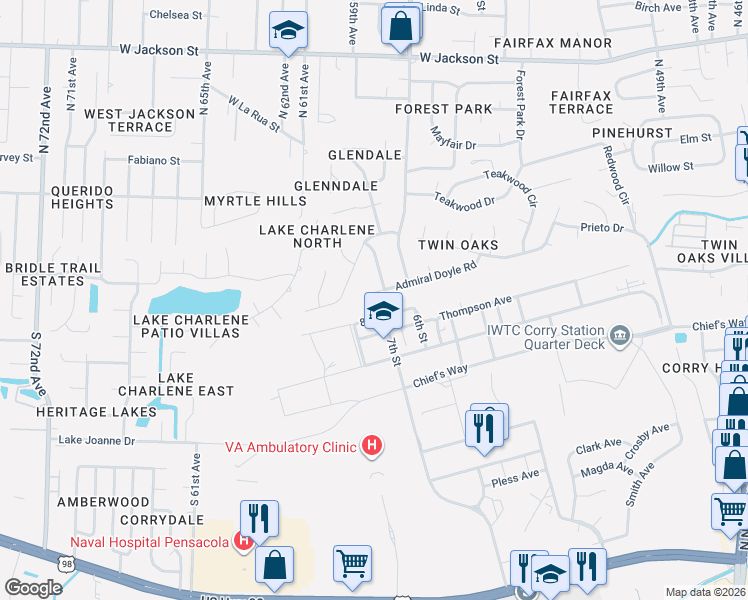 map of restaurants, bars, coffee shops, grocery stores, and more near 5950 Admiral Doyle Road in Pensacola