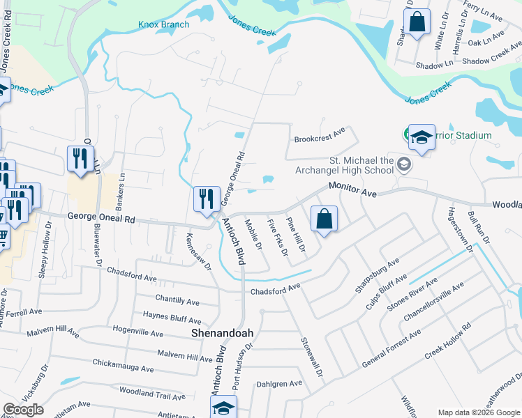 map of restaurants, bars, coffee shops, grocery stores, and more near 16839 Monitor Avenue in Baton Rouge
