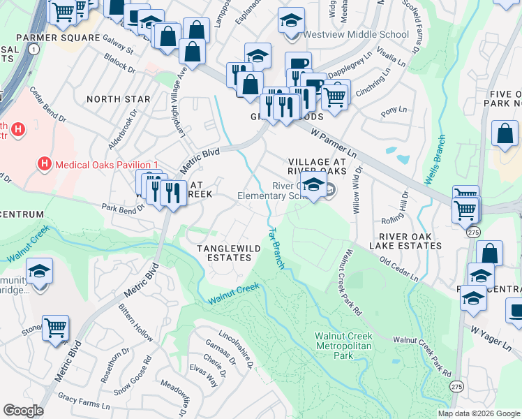 map of restaurants, bars, coffee shops, grocery stores, and more near 1704 Cedar Bend Drive in Austin