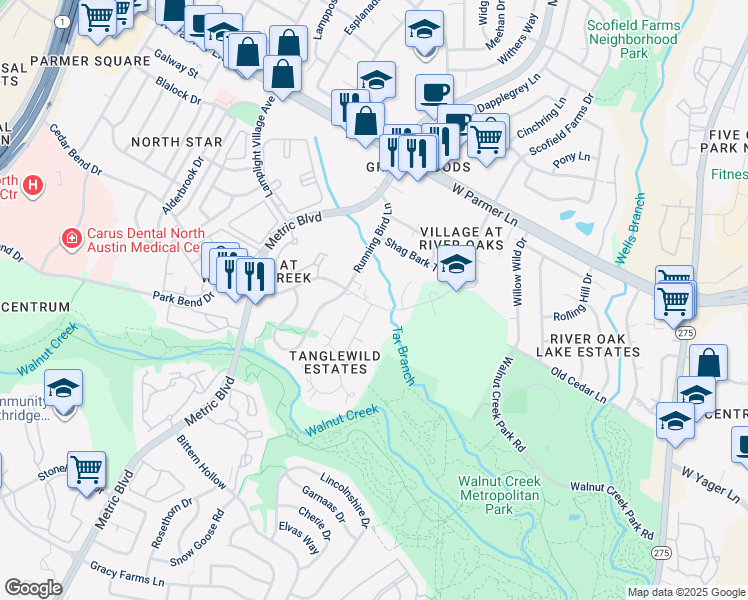 map of restaurants, bars, coffee shops, grocery stores, and more near 1704 Cedar Bend Drive in Austin