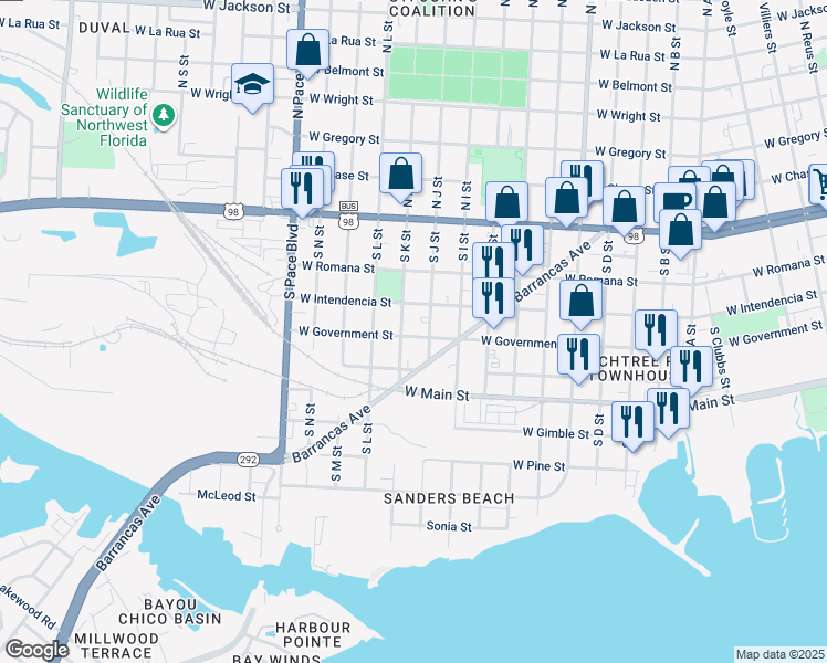 map of restaurants, bars, coffee shops, grocery stores, and more near 1750 West Government Street in Pensacola