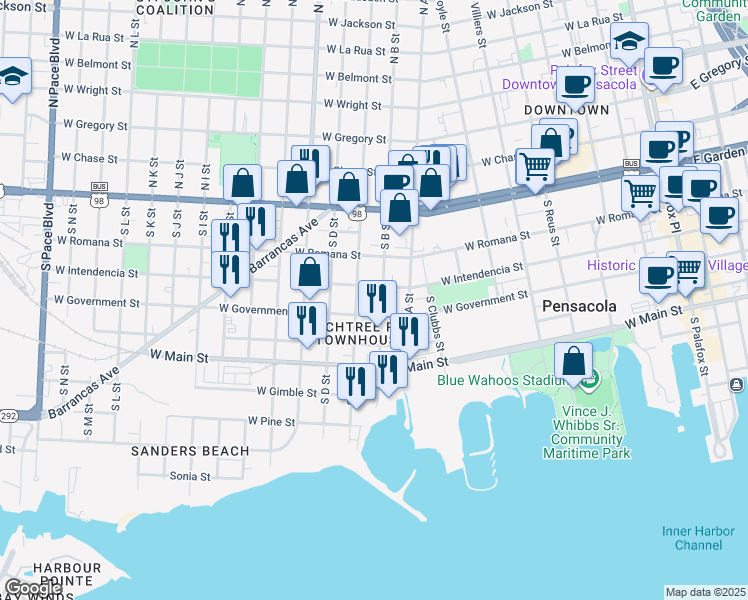 map of restaurants, bars, coffee shops, grocery stores, and more near 211 South B Street in Pensacola