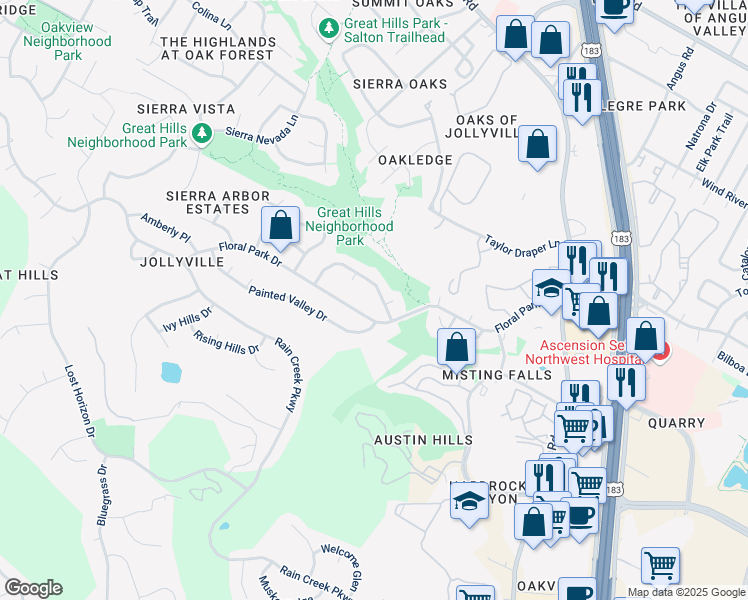 map of restaurants, bars, coffee shops, grocery stores, and more near 10644 Floral Park Drive in Austin