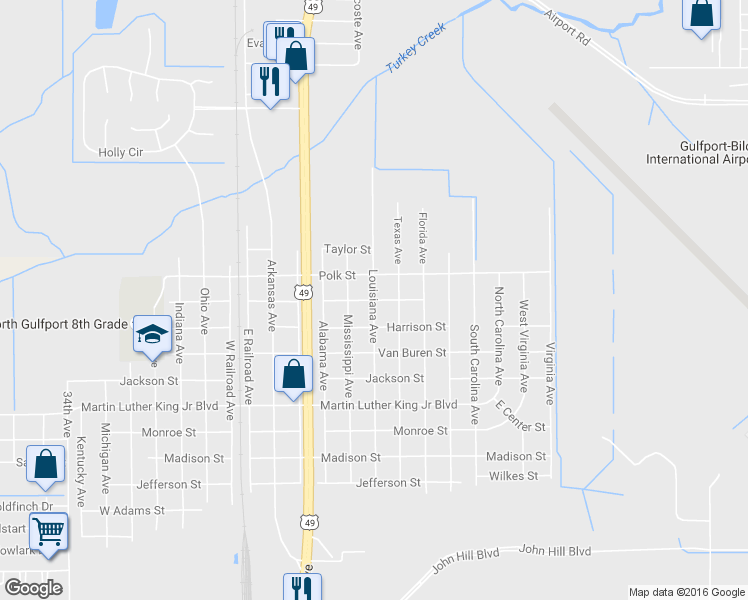 map of restaurants, bars, coffee shops, grocery stores, and more near 2151 Tyler Street in Gulfport