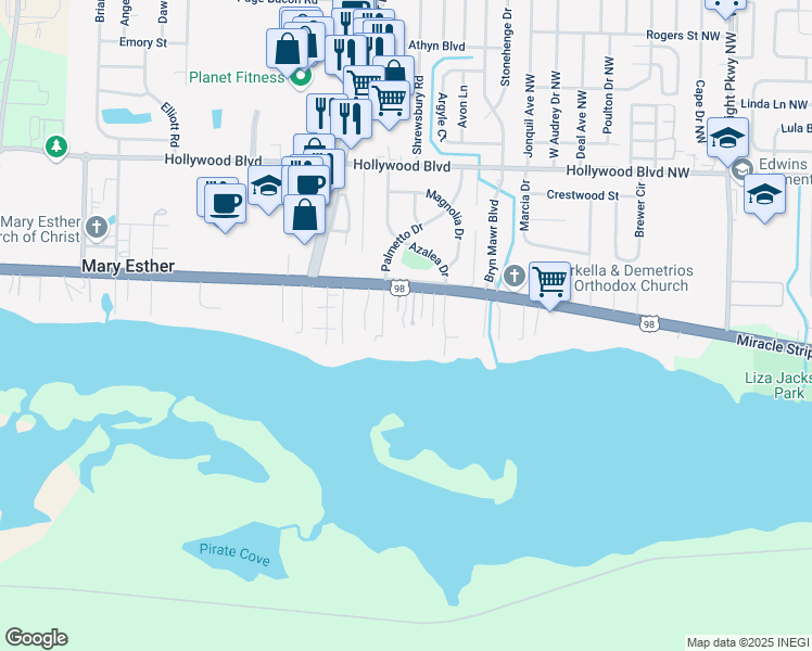 map of restaurants, bars, coffee shops, grocery stores, and more near 531 East Miracle Strip Parkway in Mary Esther