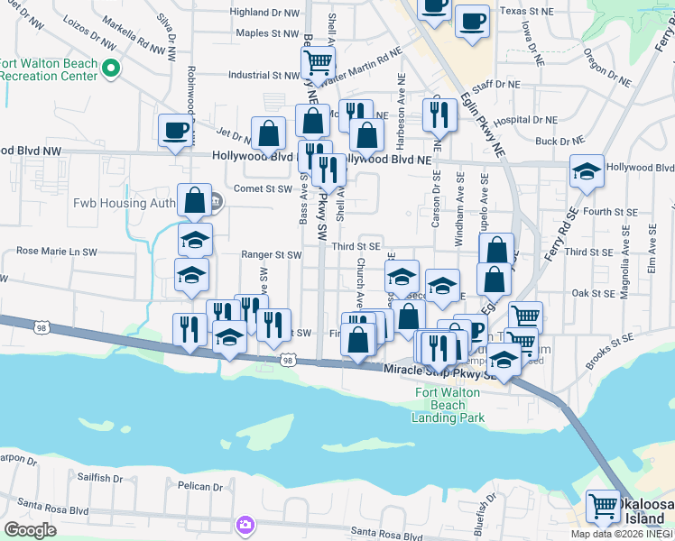 map of restaurants, bars, coffee shops, grocery stores, and more near 110 Birch Street Southeast in Fort Walton Beach