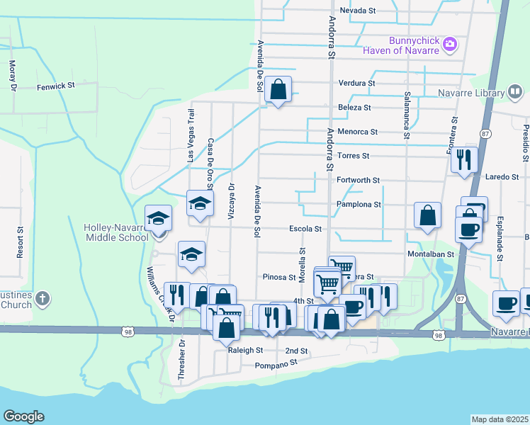map of restaurants, bars, coffee shops, grocery stores, and more near 2022 Avenida De Sol in Navarre
