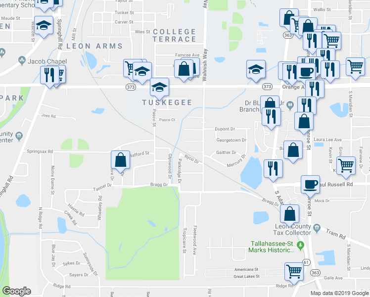 map of restaurants, bars, coffee shops, grocery stores, and more near 3022 Wahnish Court in Tallahassee
