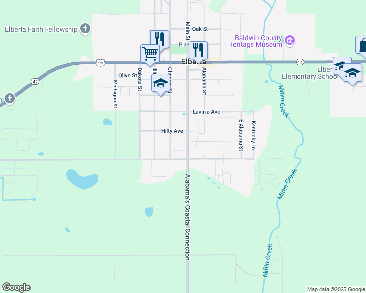 map of restaurants, bars, coffee shops, grocery stores, and more near 12551 Main Street in Elberta