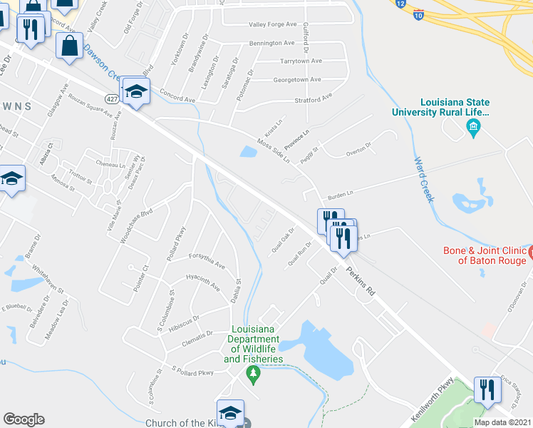map of restaurants, bars, coffee shops, grocery stores, and more near 61 Brent Court in Baton Rouge