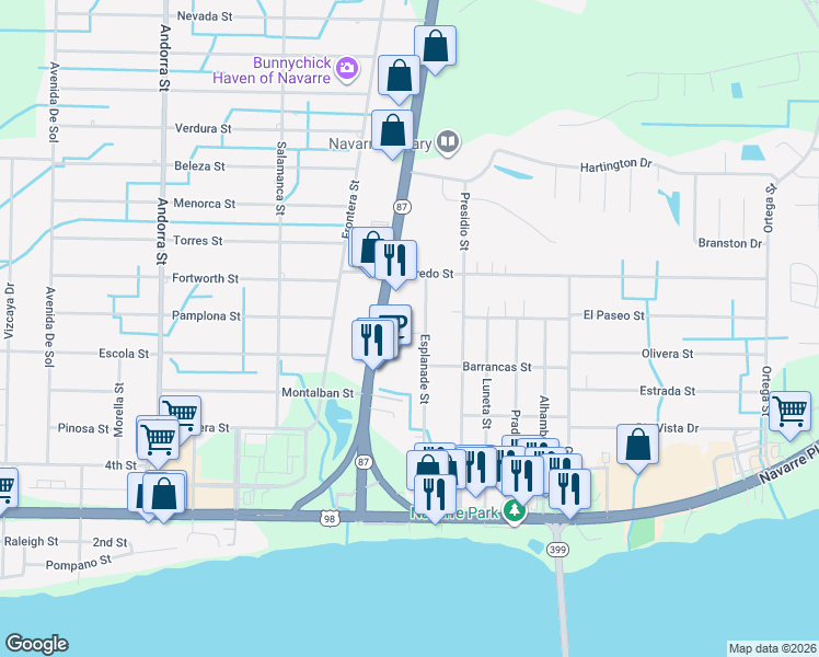 map of restaurants, bars, coffee shops, grocery stores, and more near 8450 Coastal Breeze Court in Navarre