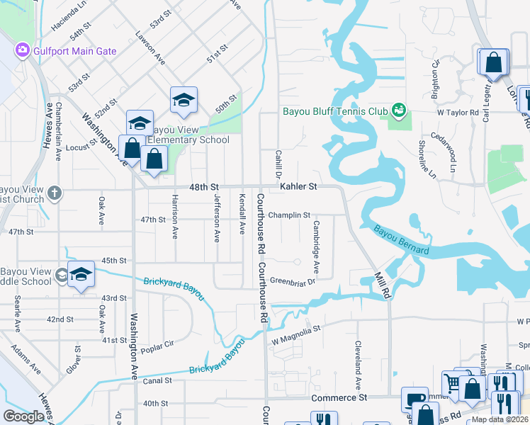 map of restaurants, bars, coffee shops, grocery stores, and more near 1502 Champlin Street in Gulfport