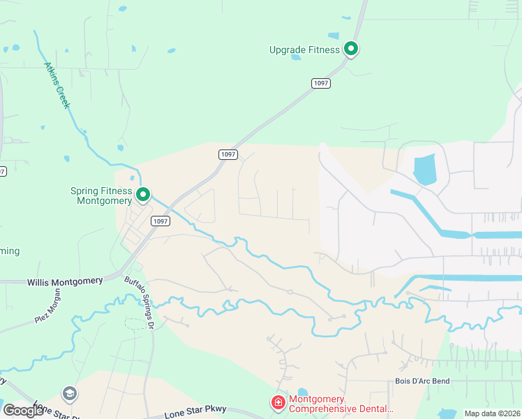 map of restaurants, bars, coffee shops, grocery stores, and more near 21104-21212 Farm to Market 1097 in Montgomery