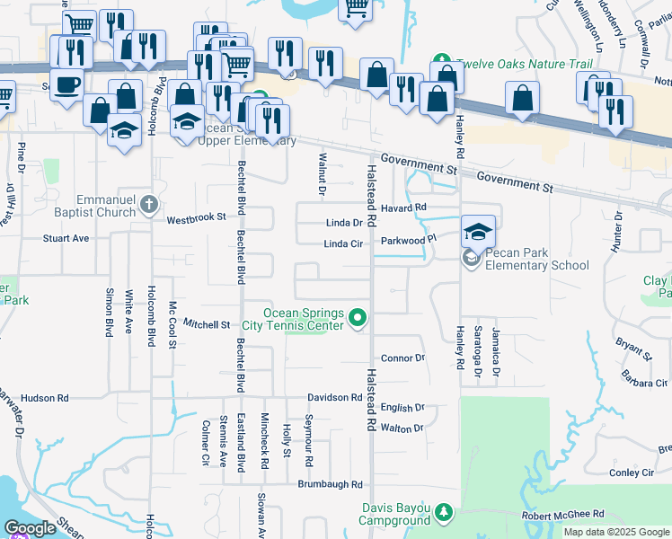 map of restaurants, bars, coffee shops, grocery stores, and more near 132 Earle Taylor Lane in Ocean Springs