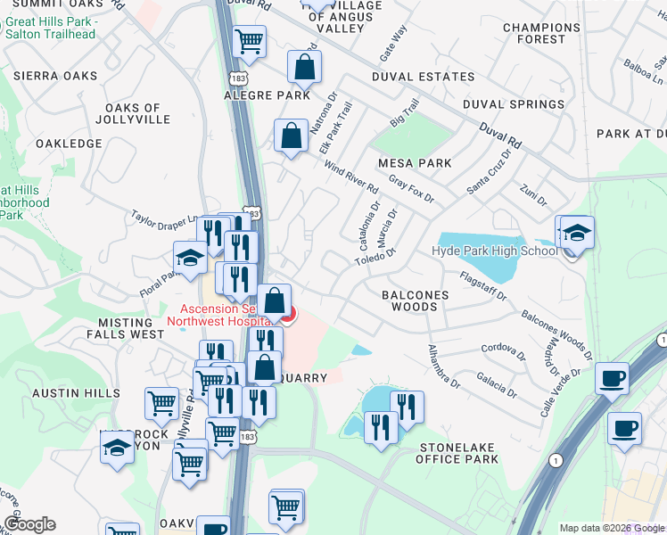 map of restaurants, bars, coffee shops, grocery stores, and more near 4802 Gerona Drive in Austin