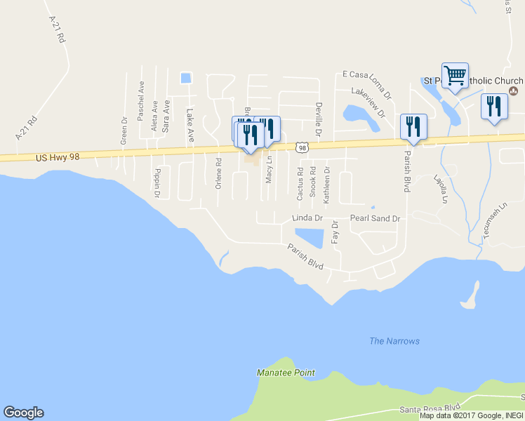 map of restaurants, bars, coffee shops, grocery stores, and more near 840 Linda Drive in Mary Esther