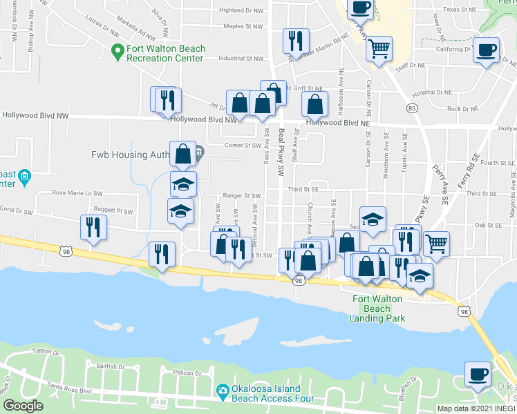 map of restaurants, bars, coffee shops, grocery stores, and more near 105 Second Avenue Southwest in Fort Walton Beach