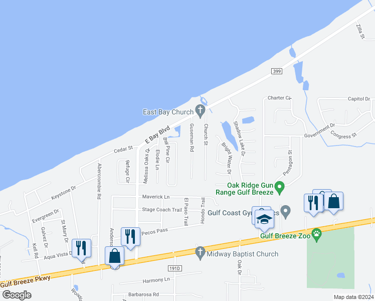 map of restaurants, bars, coffee shops, grocery stores, and more near 1975 Guseman Road in Gulf Breeze