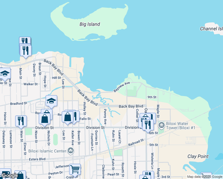 map of restaurants, bars, coffee shops, grocery stores, and more near 410 Bayview Avenue in Biloxi