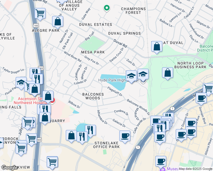 map of restaurants, bars, coffee shops, grocery stores, and more near 4402 Flagstaff Drive in Austin