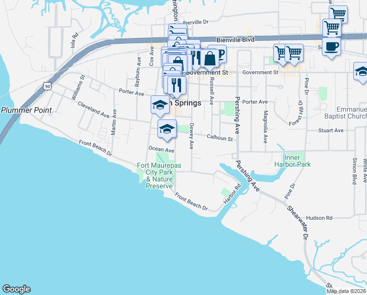 map of restaurants, bars, coffee shops, grocery stores, and more near 302 Washington Avenue in Ocean Springs