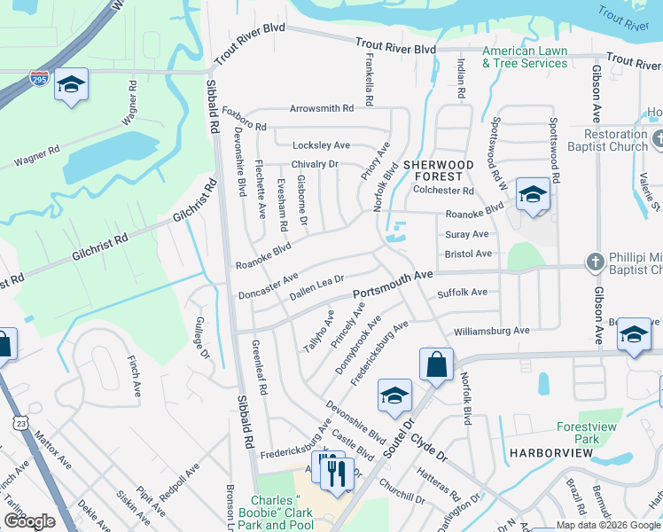 map of restaurants, bars, coffee shops, grocery stores, and more near 4926 Doncaster Avenue in Jacksonville