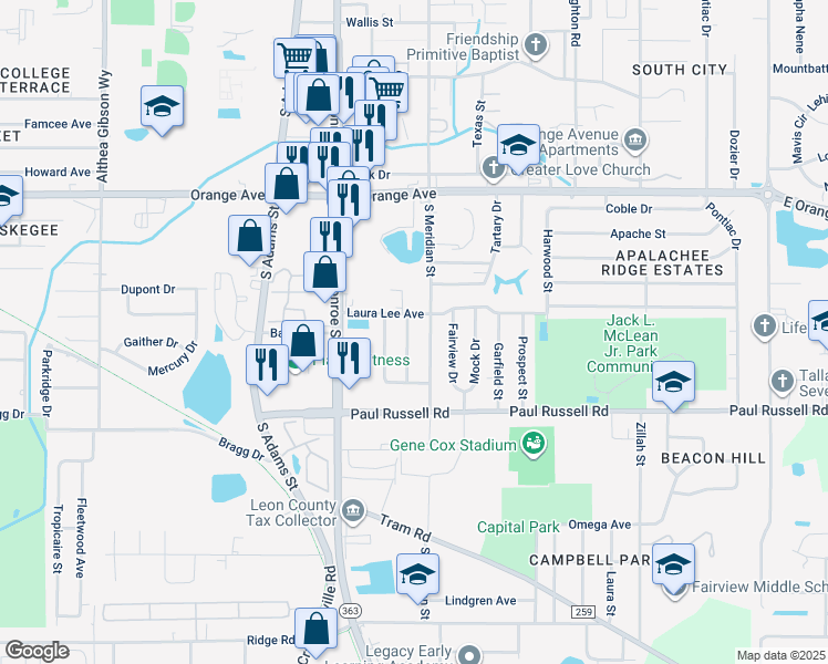 map of restaurants, bars, coffee shops, grocery stores, and more near 3005 Grove Street in Tallahassee