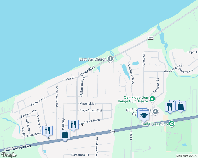 map of restaurants, bars, coffee shops, grocery stores, and more near 1975 Guseman Road in Gulf Breeze