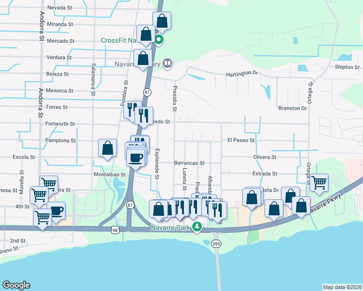 map of restaurants, bars, coffee shops, grocery stores, and more near 2039 Luneta Street in Navarre