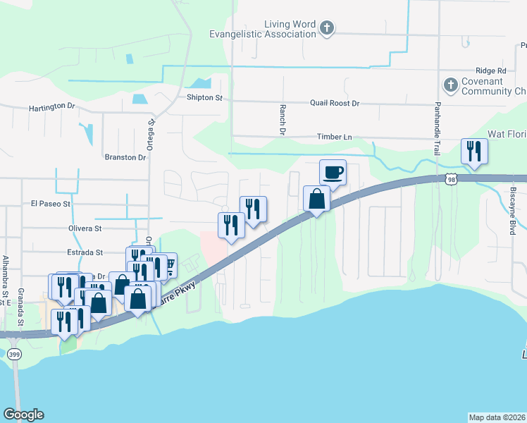 map of restaurants, bars, coffee shops, grocery stores, and more near 2034 Fountainview Drive in Navarre