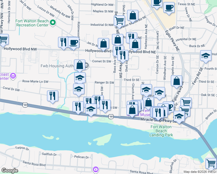 map of restaurants, bars, coffee shops, grocery stores, and more near 105 Second Avenue Southwest in Fort Walton Beach