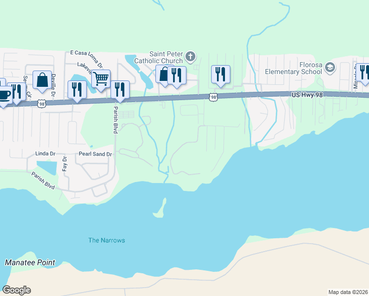 map of restaurants, bars, coffee shops, grocery stores, and more near 271 Tecumseh Lane in Mary Esther