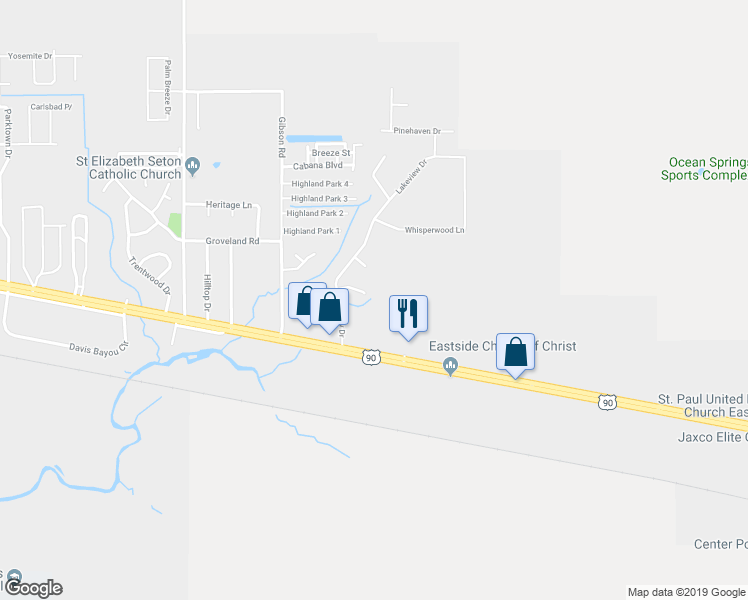 map of restaurants, bars, coffee shops, grocery stores, and more near 12 Pine Lake Court in Ocean Springs