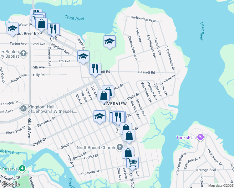 map of restaurants, bars, coffee shops, grocery stores, and more near 9147 Adams Avenue in Jacksonville