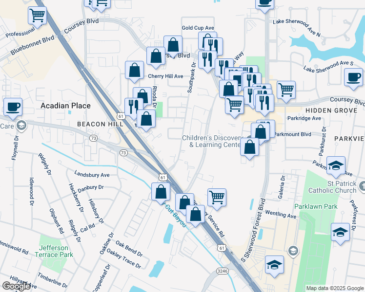 map of restaurants, bars, coffee shops, grocery stores, and more near 4679 Southpark Drive in Baton Rouge