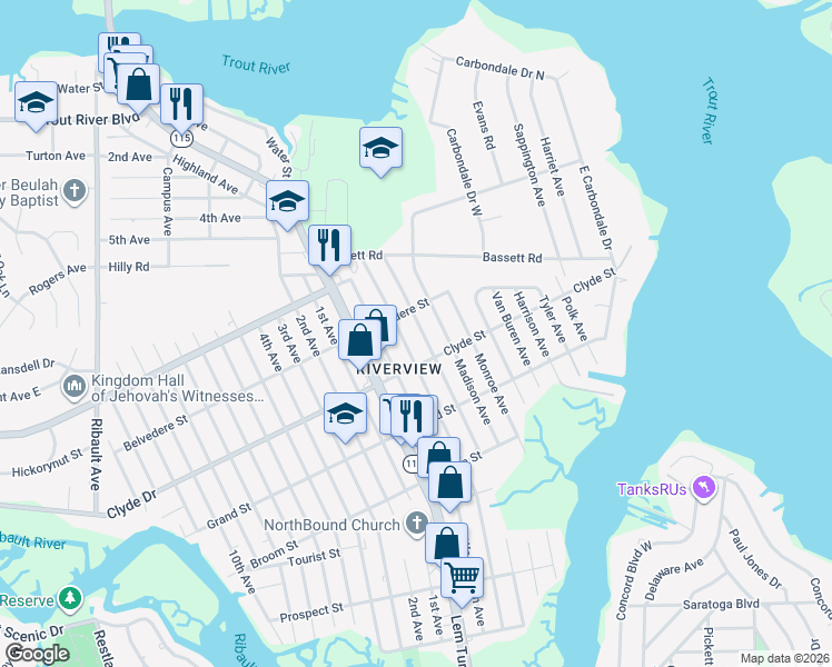 map of restaurants, bars, coffee shops, grocery stores, and more near 9147 Adams Avenue in Jacksonville