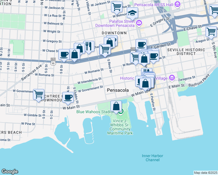 map of restaurants, bars, coffee shops, grocery stores, and more near 315 West Government Street in Pensacola