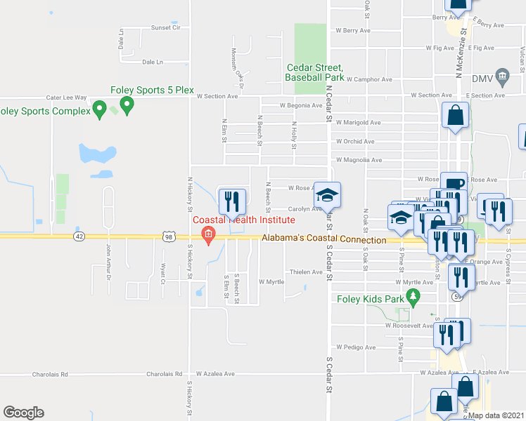 map of restaurants, bars, coffee shops, grocery stores, and more near 201 North Beech Street in Foley