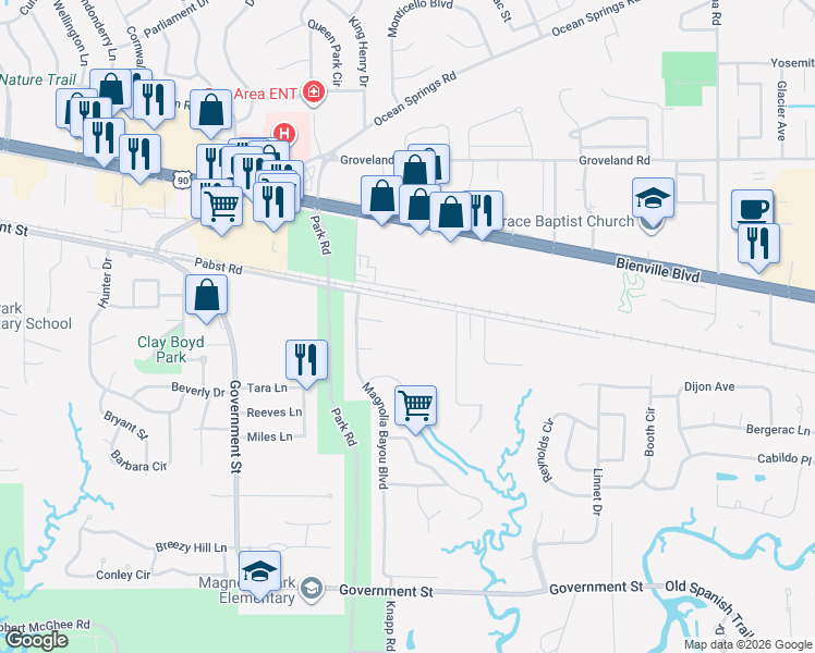 map of restaurants, bars, coffee shops, grocery stores, and more near 3040 Pabst Rd in Ocean Springs