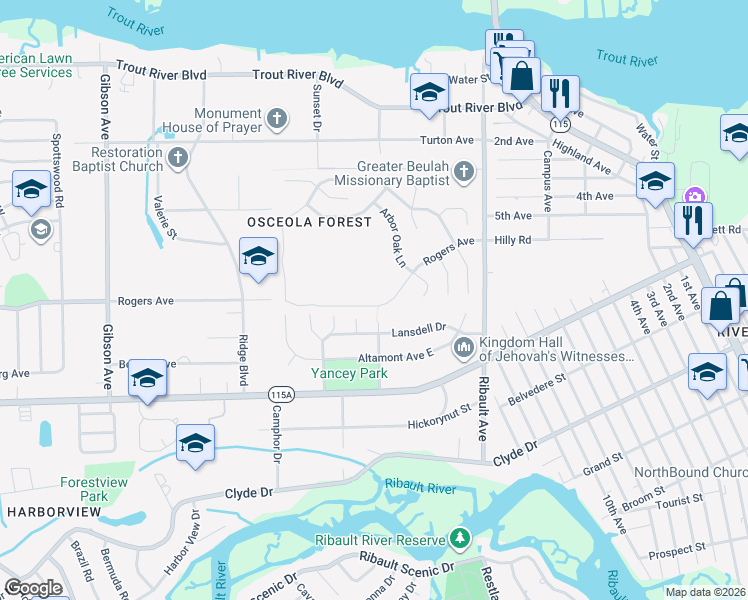 map of restaurants, bars, coffee shops, grocery stores, and more near 3151 Rogers Avenue in Jacksonville