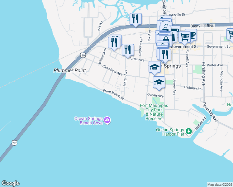 map of restaurants, bars, coffee shops, grocery stores, and more near 265 Front Beach Drive in Ocean Springs
