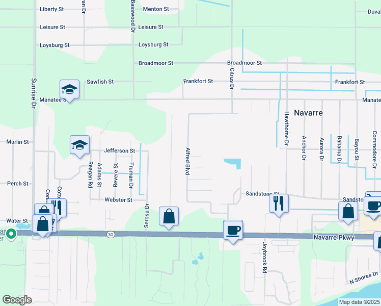map of restaurants, bars, coffee shops, grocery stores, and more near 7200 Lexi Circle in Navarre