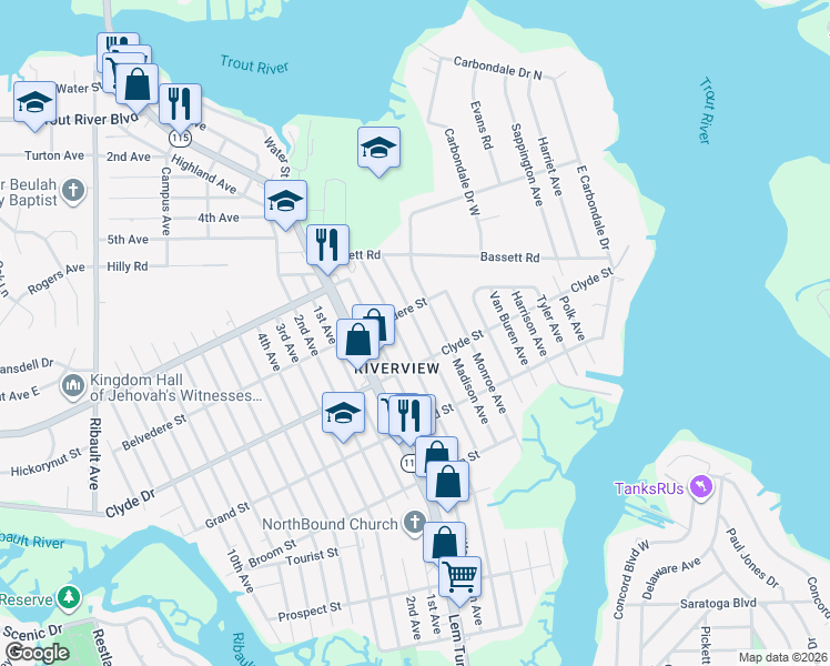 map of restaurants, bars, coffee shops, grocery stores, and more near 9147 Adams Avenue in Jacksonville