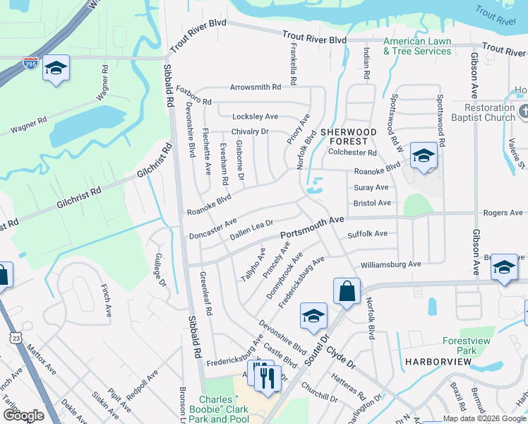 map of restaurants, bars, coffee shops, grocery stores, and more near 4926 Doncaster Avenue in Jacksonville