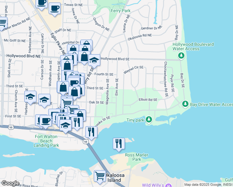 map of restaurants, bars, coffee shops, grocery stores, and more near 107 Magnolia Avenue Southeast in Fort Walton Beach