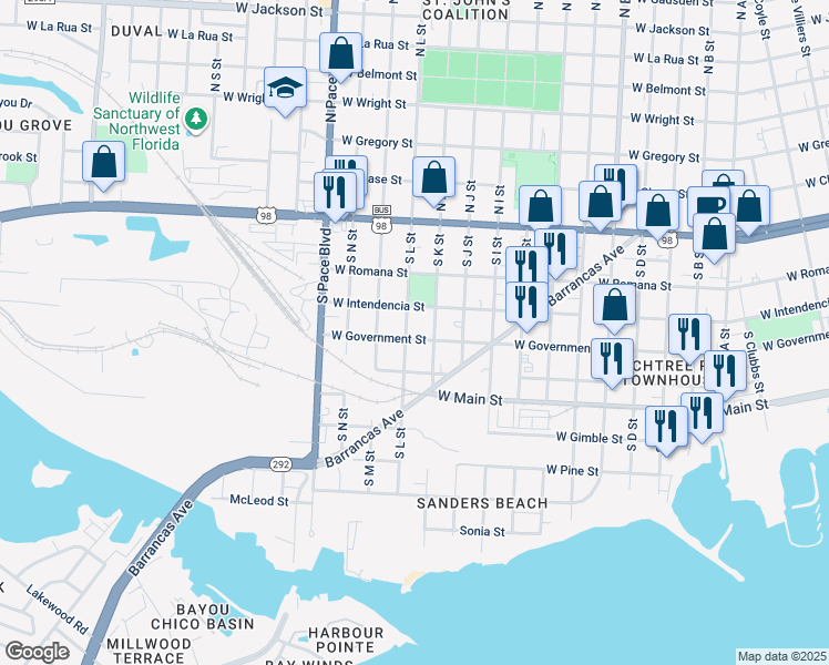 map of restaurants, bars, coffee shops, grocery stores, and more near 1818 West Government Street in Pensacola
